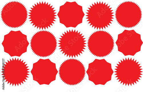 Starburst red sticker set - collection of special offer sale round and oval sunburst labels and buttons isolated on white background. Stickers and badges with star edges for promo advertising.