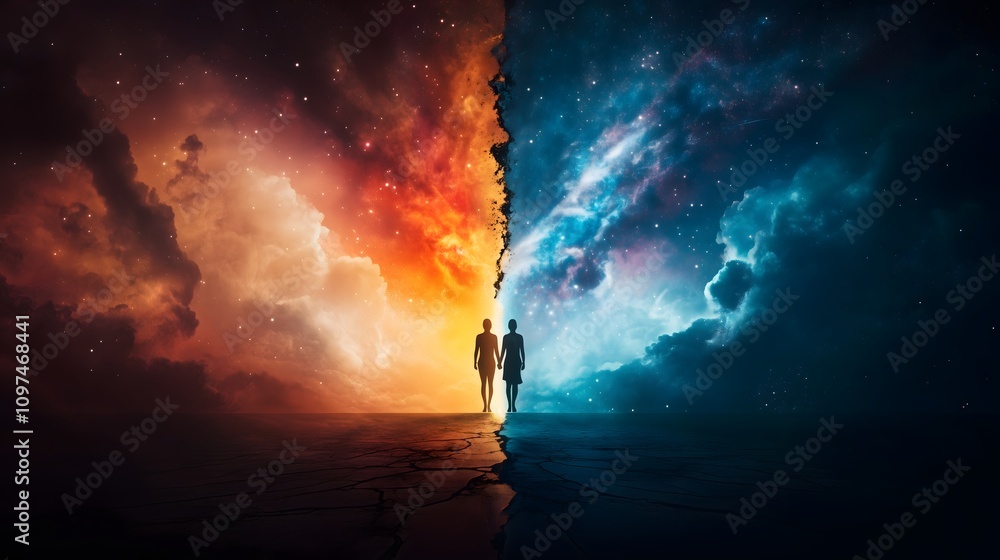 Fototapeta premium Two figures stand on a border between vibrant hues of red and orange on one side and cool blues and purples on the other. This artwork symbolizes the balance of spiritual paths and inner exploration.