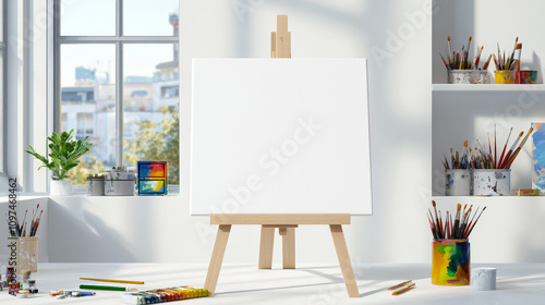 bright artist studio featuring blank canvas on easel, surrounded by paintbrushes and colorful paint pots, inspiring creativity and artistic expression