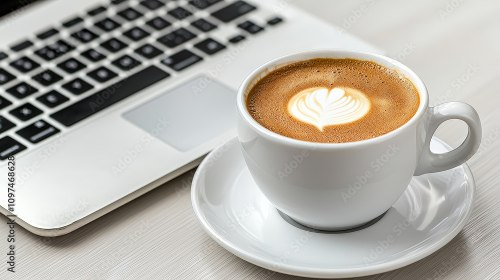cup of coffee with latte art beside laptop on wooden table, creating cozy workspace atmosphere cup of coffee with latte art beside laptop on wooden table, creating cozy workspace atmosphere
