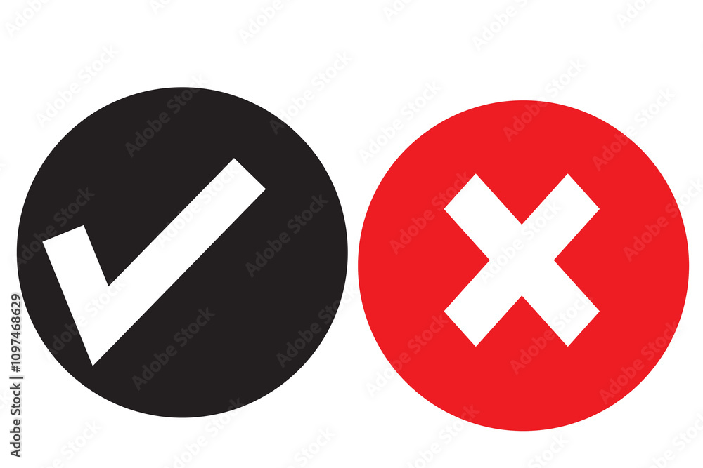 Obraz premium tick symbol and red cross sign in circle. Icons for evaluation quiz. Vector.