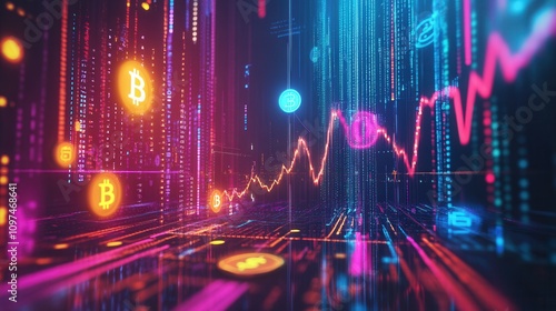 Vibrant Cryptocurrency Bitcoin Stock Market Data Visualization Abstract Neon Graph with Digital Currency Symbols