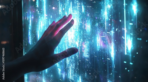 Plakat Hand touching glowing futuristic digital interface.