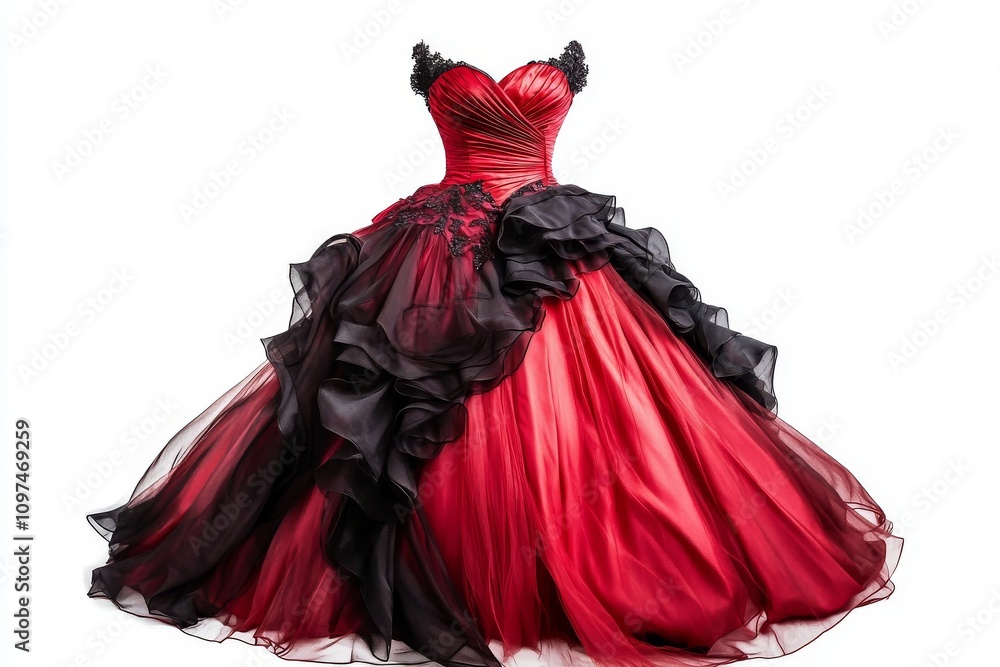 Elegant red and black dress with ruffles and lace details Elegant red and black dress with ruffles and lace details