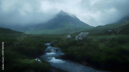 buachaille etive mor with small river, scotland photo