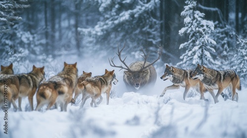 Majestic Elk Confronts a Pack of Wolves in a Snowy Winter Forest - Dramatic Wildlife Encounter