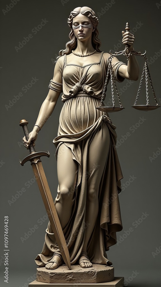 Fototapeta premium Femida or Themis statue is isolated on grey background. Law and justice concept