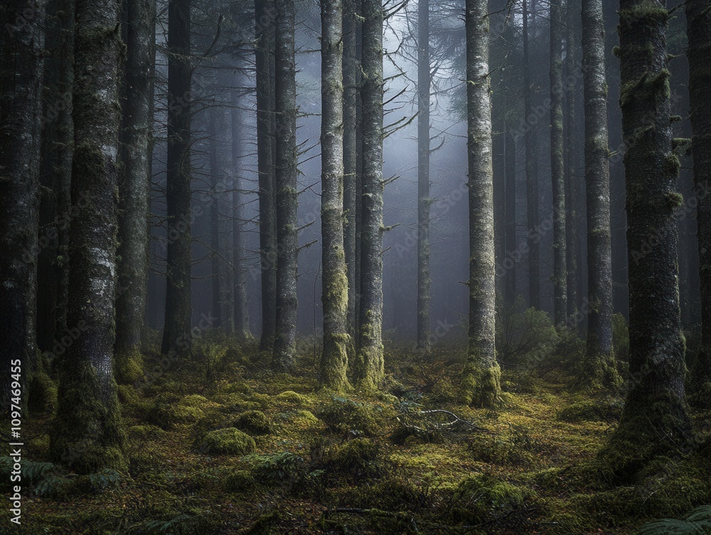 Fototapeta premium Enchanting Foggy Forest Moss-Covered Trees and Mystical Atmosphere in a Dense Woodland