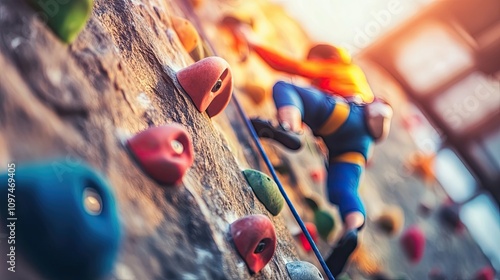 Close-up of a Climber on an Indoor Climbing Wall photo