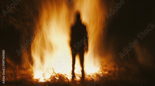 Silhouette of a Person Standing Before a Wall of Fire photo