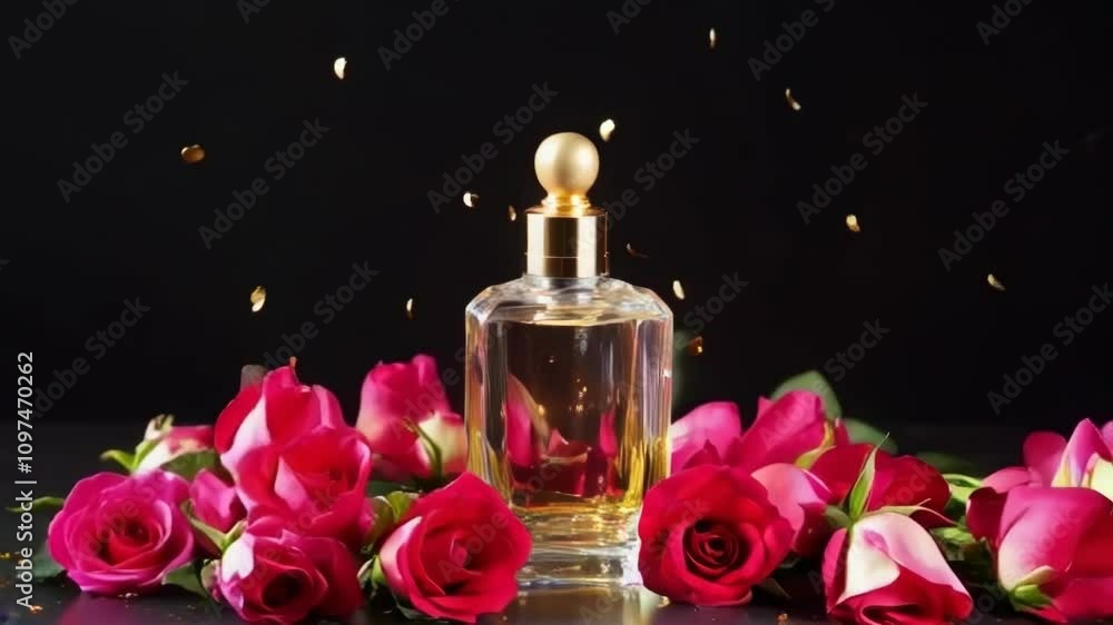 A bottle of perfume is on a table with a bunch of roses. The bottle is open and the perfume is spraying out of it. The roses are scattered around the bottle, creating a beautiful and romantic scene A bottle of perfume is on a table with a bunch of roses. The bottle is open and the perfume is spraying out of it. The roses are scattered around the bottle, creating a beautiful and romantic scene