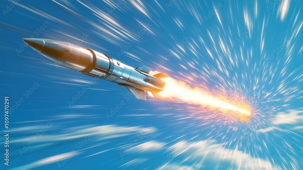 High-Speed Missile Launch Supersonic Rocket Soaring Through a Vivid Blue Sky with Dramatic Motion Blur and Fiery Exhaust Trail - Stock Photo High-Speed Missile Launch Supersonic Rocket Soaring Through a Vivid Blue Sky with Dramatic Motion Blur and Fiery Exhaust Trail - Stock Photo