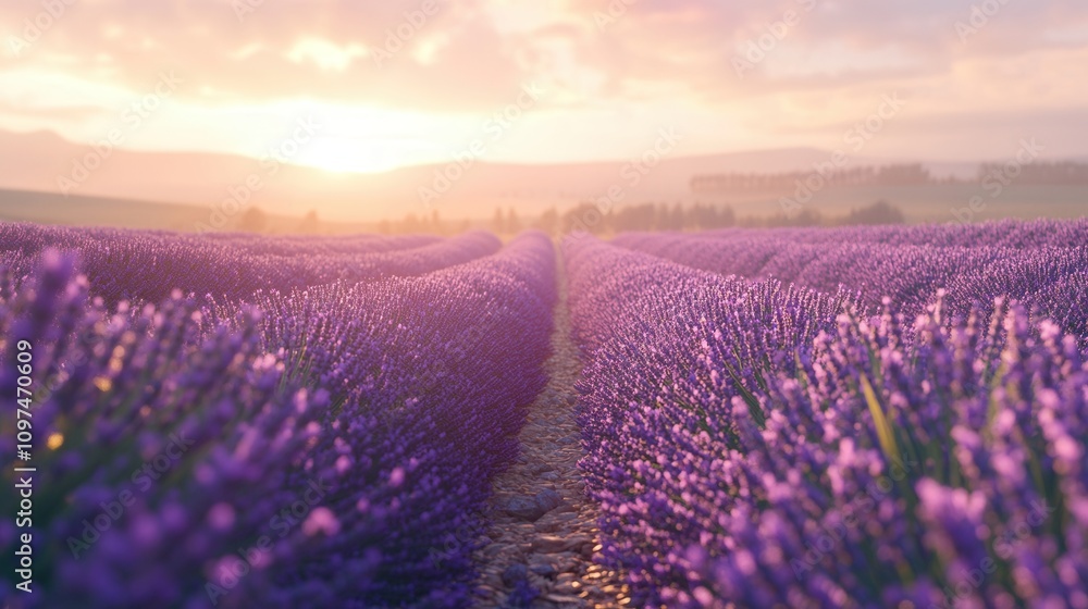 Obraz premium Stunning Lavender Field at Sunset Rows of Purple Flowers in Golden Hour Light, Scenic Rural Landscape Photography