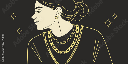Multilayer Trendy Gold Chains Necklace On Black Background, Unique Fine Jewelry Vector Illustration.
