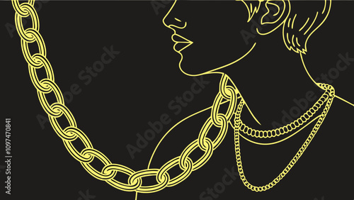 Unique gold necklace isolated on black background, macro closeup showing yellow chain links detail
