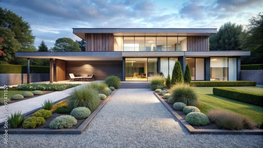 Obraz premium Modern Architectural Design A Luxurious Home with Landscaped Garden and Gravel Pathway