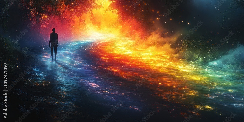 Solitary figure walks a path between fiery and icy rivers in a mystical forest. Solitary figure walks a path between fiery and icy rivers in a mystical forest.
