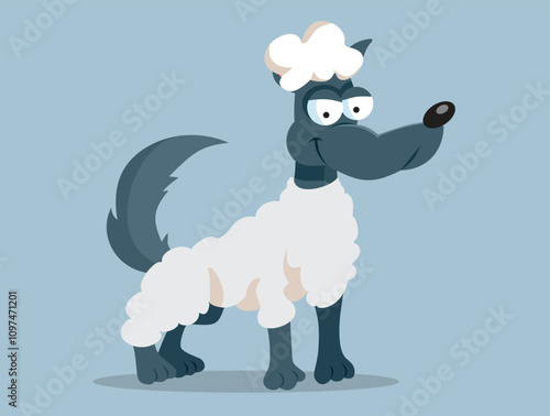 Funny Wolf Wearing Sheep Wool Vector Cartoon Illustration. Impostor predator animal in camouflage deceiving and lying 
