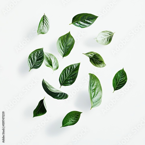 Scattered Green Leaves on White Background, A collection of vibrant green leaves scattered across a clean white background, creating a fresh and natural composition.

