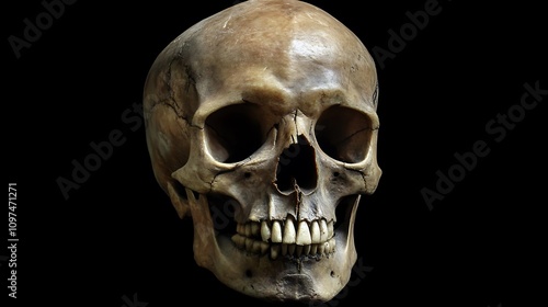 Human Skull: Detailed Photographic Study on Black Background. AI Generated photo