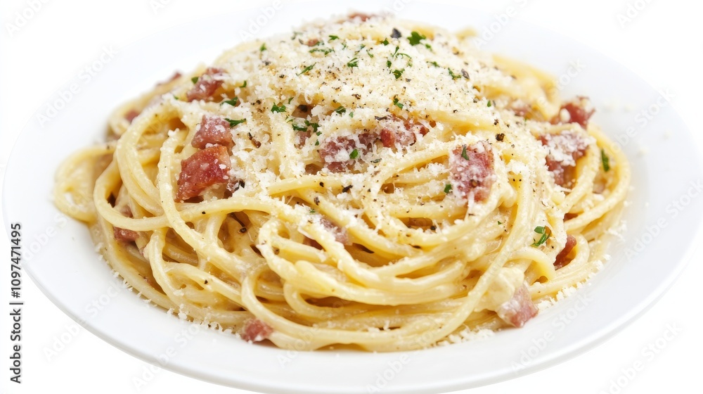 A mouthwatering plate of spaghetti carbonara with crispy pancetta, creamy egg sauce, and grated pecorino cheese A mouthwatering plate of spaghetti carbonara with crispy pancetta, creamy egg sauce, and grated pecorino cheese