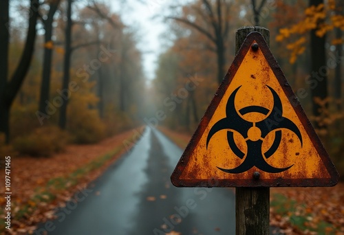 A decaying road overgrown with autumn foliage in a desolate environment marked with a rusty biohazard sign warning of potential danger