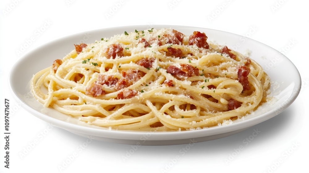 A mouthwatering plate of spaghetti carbonara with crispy pancetta, creamy egg sauce, and grated pecorino cheese A mouthwatering plate of spaghetti carbonara with crispy pancetta, creamy egg sauce, and grated pecorino cheese