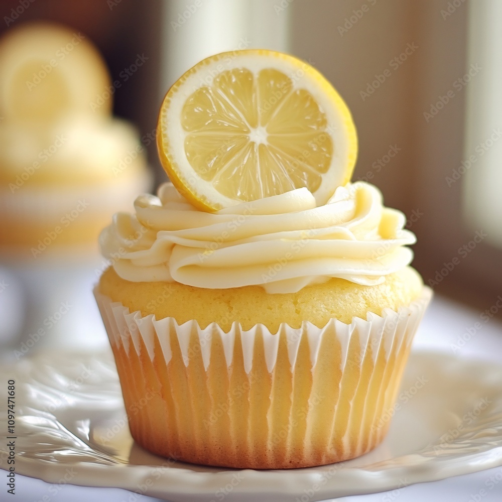 Moist and fluffy lemon cupcake with creamy frosting and lemon slice on top Moist and fluffy lemon cupcake with creamy frosting and lemon slice on top