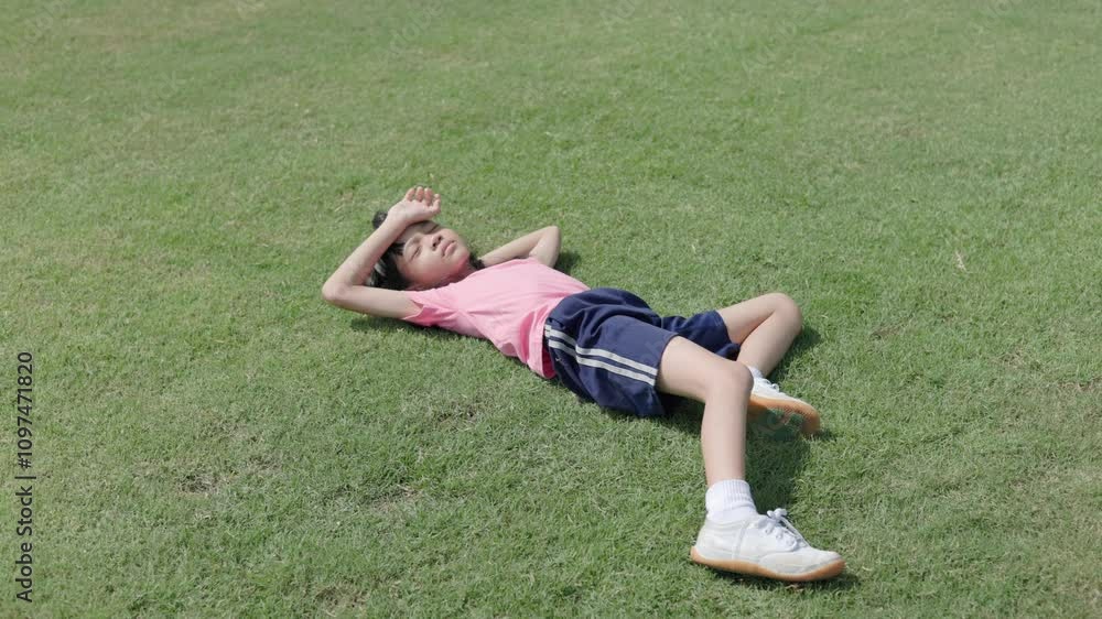 A cute Asian kid girl is resting after her morning exercise in the hot sun until she is exhausted. When her body can't take it anymore, she lies down on the green grass in different poses and angles.