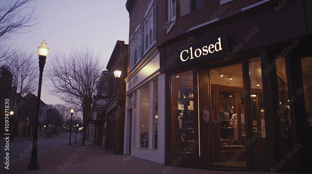 Obraz premium Closed boutique storefront with elegant window display, symbolizing the end of a day and the anticipation of a new beginning