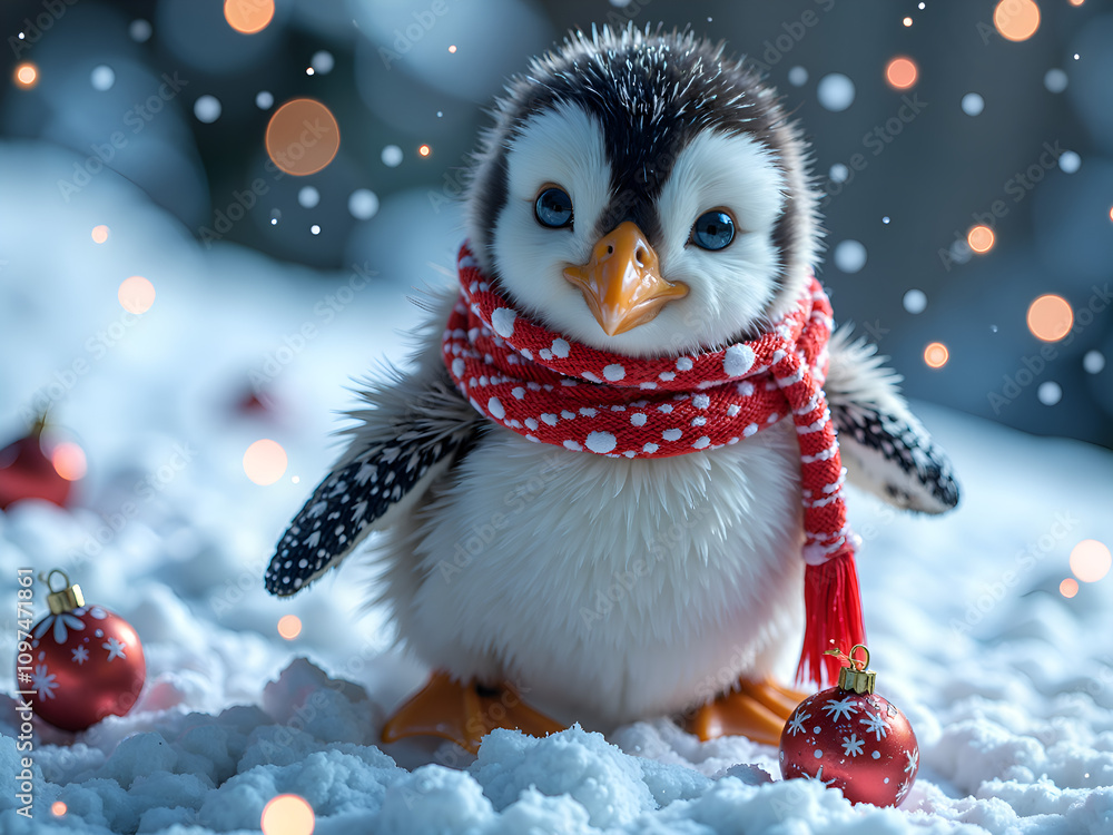 Fototapeta premium Adorable penguin in a cozy scarf surrounded by christmas ornaments in a winter wonderland, digital art of animal portrait concept.