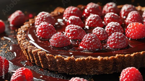 A decadent chocolate tart topped with fresh raspberries, showcasing rich textures and colors.