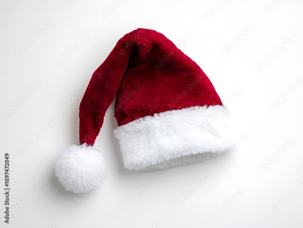 Classic Christmas hat with white fur trim and pom-pom, isolated on a plain white background for a festive winter theme. Classic Christmas hat with white fur trim and pom-pom, isolated on a plain white background for a festive winter theme.