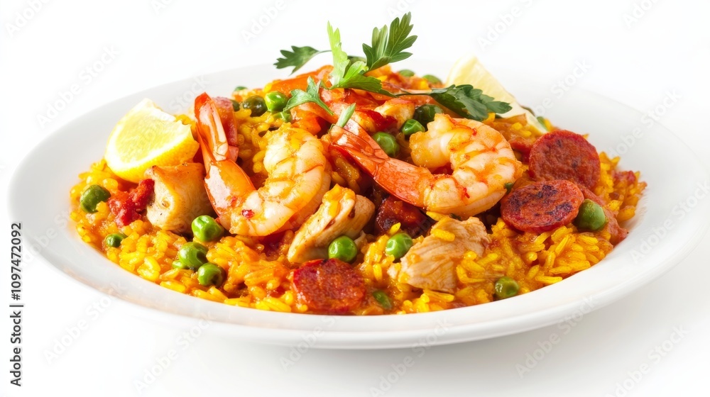 A mouthwatering plate of Spanish paella loaded with saffron-infused rice, tender chicken, spicy chorizo A mouthwatering plate of Spanish paella loaded with saffron-infused rice, tender chicken, spicy chorizo