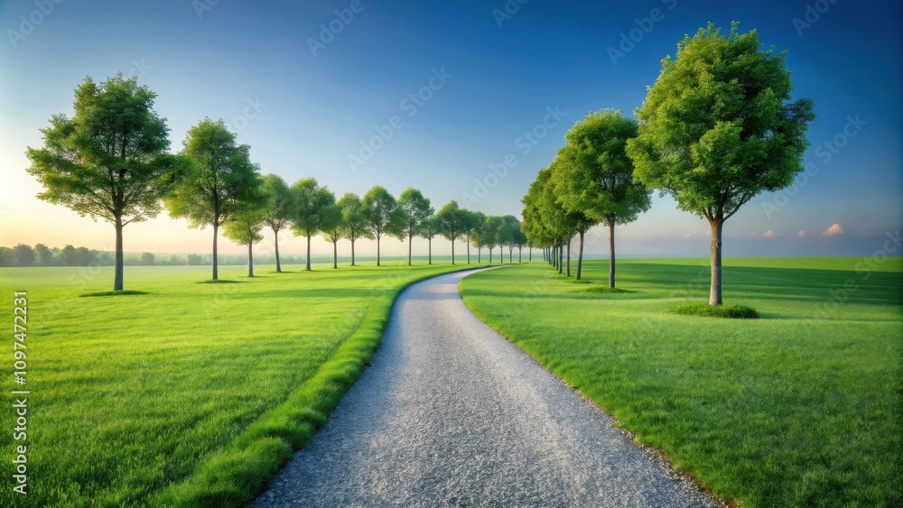 Serene Pathway Winding Through a Lush Green Meadow, Lined with Vibrant Trees at Sunrise Serene Pathway Winding Through a Lush Green Meadow, Lined with Vibrant Trees at Sunrise