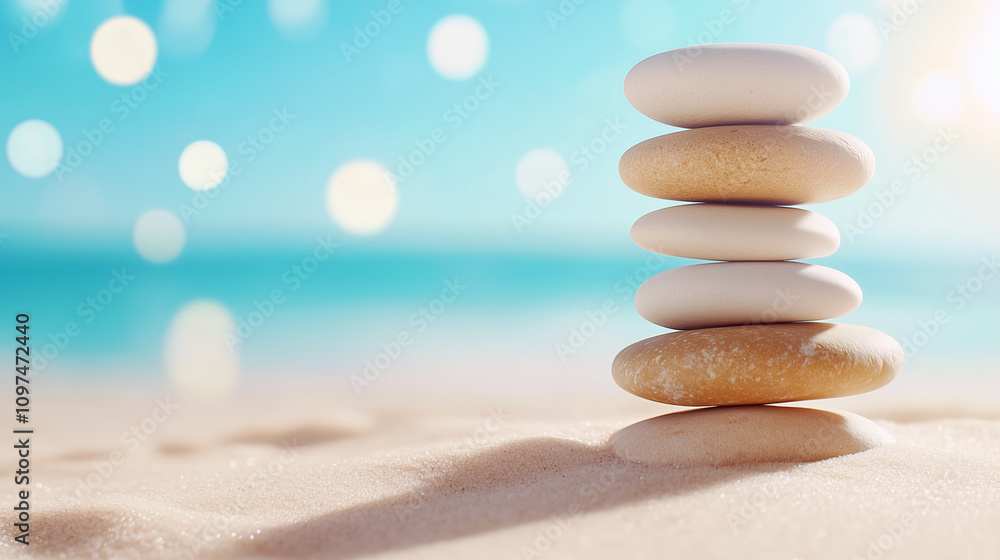 Zen stones are balanced harmoniously on the beach, radiating tranquility against the soft ocean backdrop Zen stones are balanced harmoniously on the beach, radiating tranquility against the soft ocean backdrop