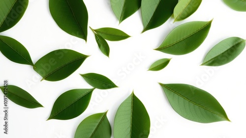 Individual green leaves arranged in a circular pattern on a white background, arrangement, , symmetrical