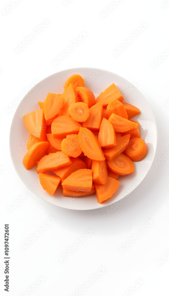 Sliced orange carrots in pyramid shape on a white plate with copy space Sliced orange carrots in pyramid shape on a white plate with copy space