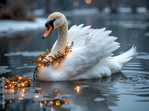 Enchanting swan adorned with fairy lights on a serene winter lake at dusk, photography of nature concept. photo