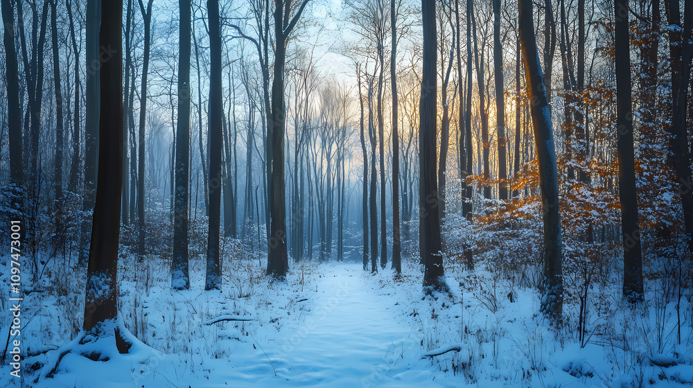 Winter forest scene with bare trees and snow, soft blue hues, serene and tranquil atmosphere. Chilled Frostbite Forest. Illustration Winter forest scene with bare trees and snow, soft blue hues, serene and tranquil atmosphere. Chilled Frostbite Forest. Illustration