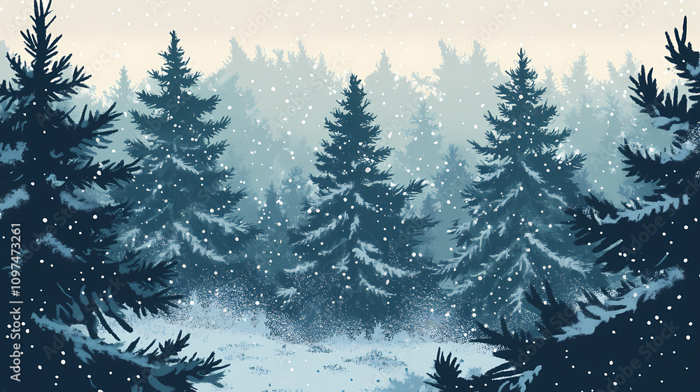 Fototapeta premium Snow gently falling over a dense pine forest. Chilled Frostbite Forest. Illustration