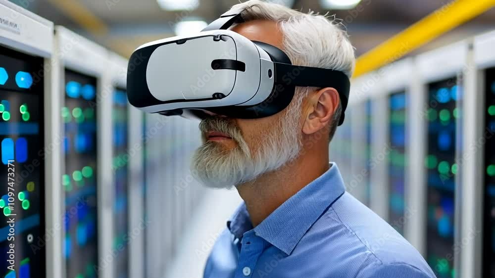 A person wearing a VR headset, engaged in a virtual experience in a tech environment. A person wearing a VR headset, engaged in a virtual experience in a tech environment.