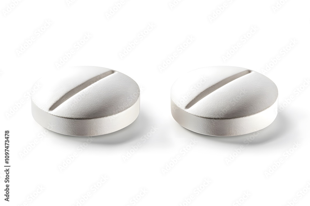 Close-up of two white round tablets on white background, pharmaceutical medicine pills scored line Close-up of two white round tablets on white background, pharmaceutical medicine pills scored line