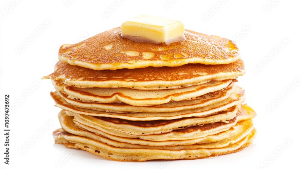 A neatly stacked pile of golden pancakes with a pat of butter melting on top, Each pancake’s warm color and subtle imperfections captured with precision A neatly stacked pile of golden pancakes with a pat of butter melting on top, Each pancake’s warm color and subtle imperfections captured with precision