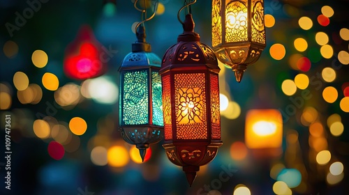 Three Ornate Lanterns Hanging Against a Blurred Background of Lights photo