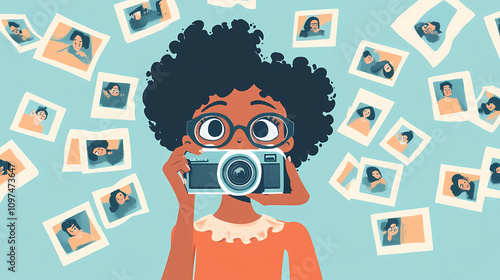 Cartoon character holding an old camera surrounded by floating polaroid photos in a nostalgic retro vibe. Retro Polaroid Memories. Illustration