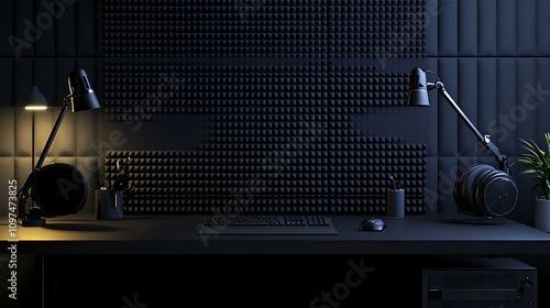 A professional podcast studio featuring a black table, microphones on scissor arms, headphones, and a sound-treated wall with acoustic foam tiles.
