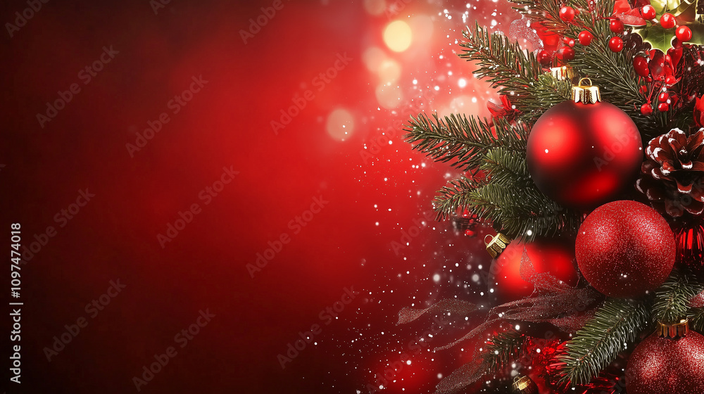 Festive Red Christmas Background with Pine Cones and Ornaments, Perfect for Holiday Cards and New Year Greetings. Abstract blurred backdrop with copy space. Festive Red Christmas Background with Pine Cones and Ornaments, Perfect for Holiday Cards and New Year Greetings. Abstract blurred backdrop with copy space.