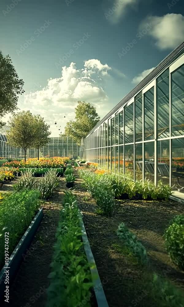 A vibrant greenhouse surrounded by lush gardens and diverse plants under a sunny sky. A vibrant greenhouse surrounded by lush gardens and diverse plants under a sunny sky.
