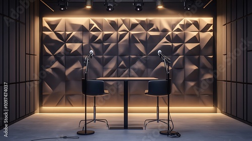 A modern podcast studio with minimalist furniture, two microphones mounted on stands, headphones neatly placed on the table, and soft studio lighting.